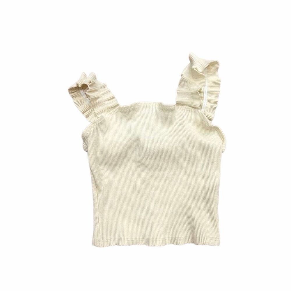 21 Saints Women Off White Ribbed Knit Crop Tank Top Frill Ruffle Sleeve Cami M